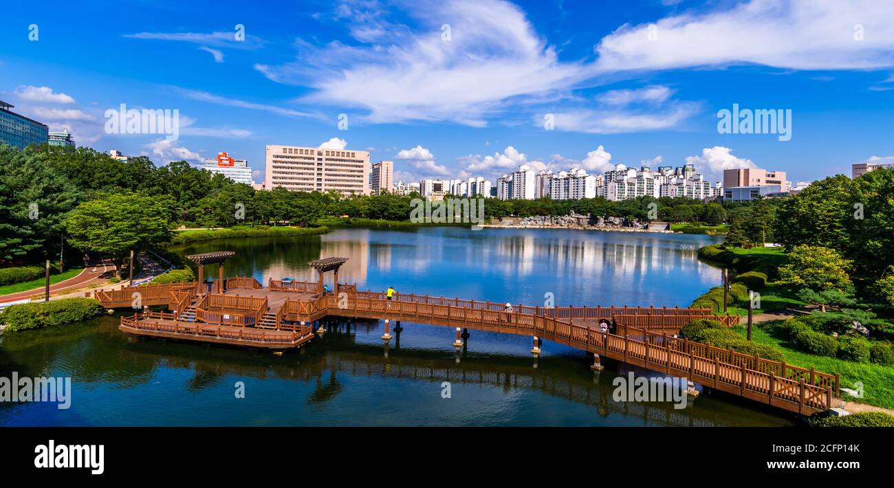 Vue aérienne du parc du lac Ilsan depuis Goyang, Corée du Sud. Banque D'Images