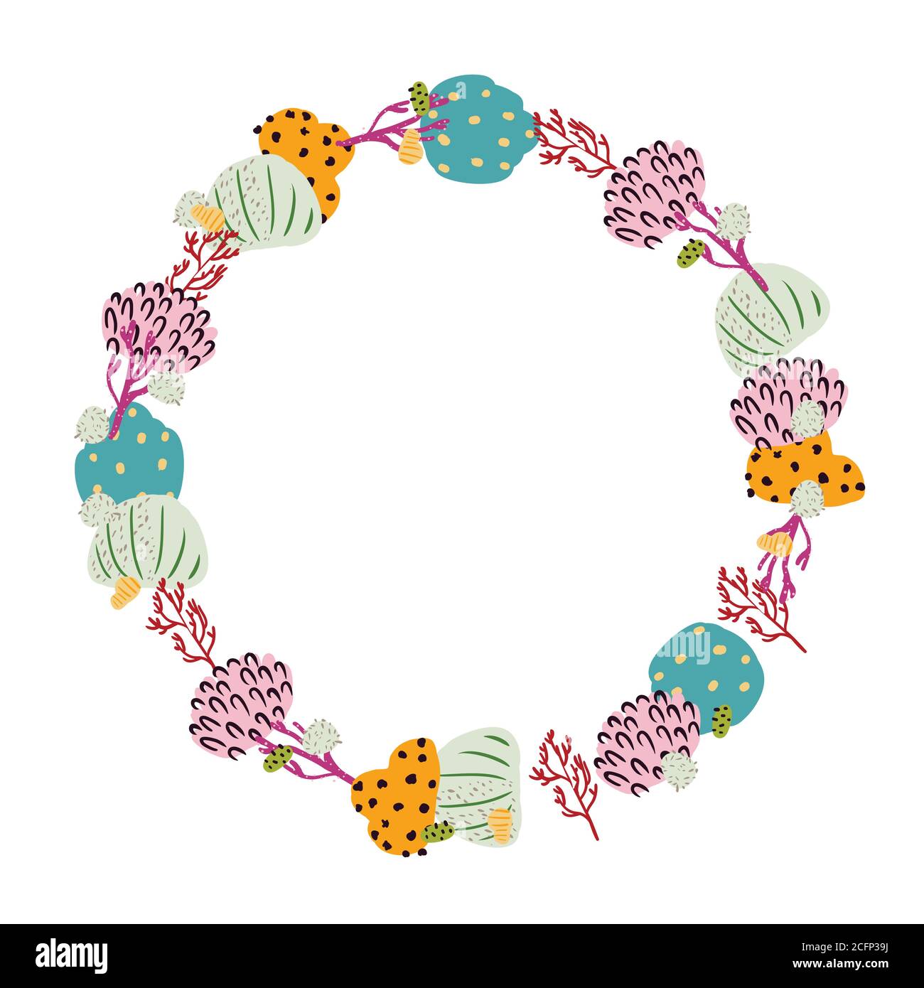 Cadre rond abstrait fait de fleurs, de coraux et de branches. Plantes marines. Couronne vectorielle. Illustration de Vecteur