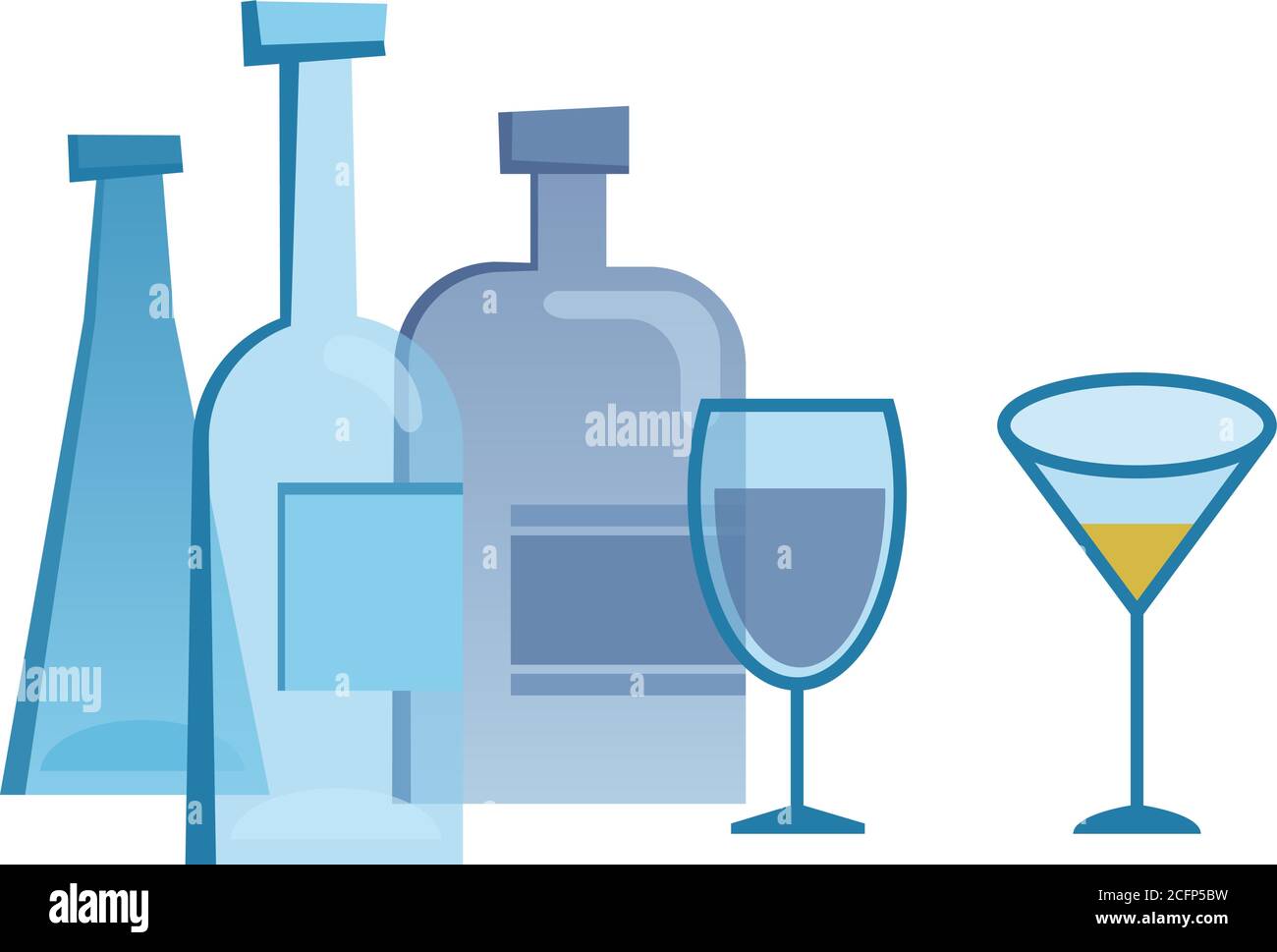 Illustration de style rétro de différents flacons et verres avec boissons. Illustration de Vecteur