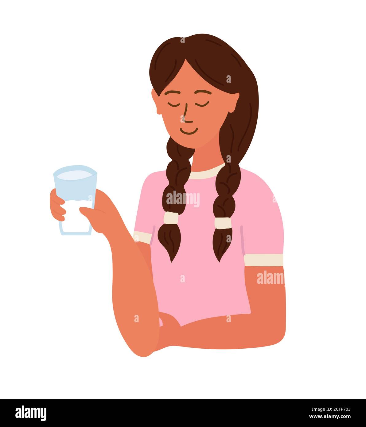 Fille tenant un verre de lait dans ses mains. Elle sourit. Boisson préférée. Bonne capuche pour enfant. Illustration vectorielle de dessin animé isolée sur blanc Illustration de Vecteur