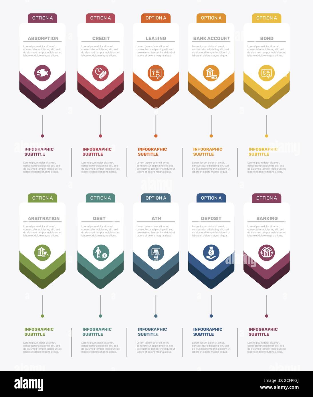 Modèle de banque d'infographies. Icônes de différentes couleurs. Inclure l'absorption, le crédit, la location, le compte bancaire et autres. Illustration de Vecteur