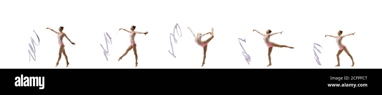 Gracieux. Petite fille flexible isolée sur fond blanc de studio. Petite artiste féminine de gymnastique rythmique en léopard brillant. Grâce dans le mouvement, l'action et le sport. Faire des exercices, collage avec espace de copie. Banque D'Images
