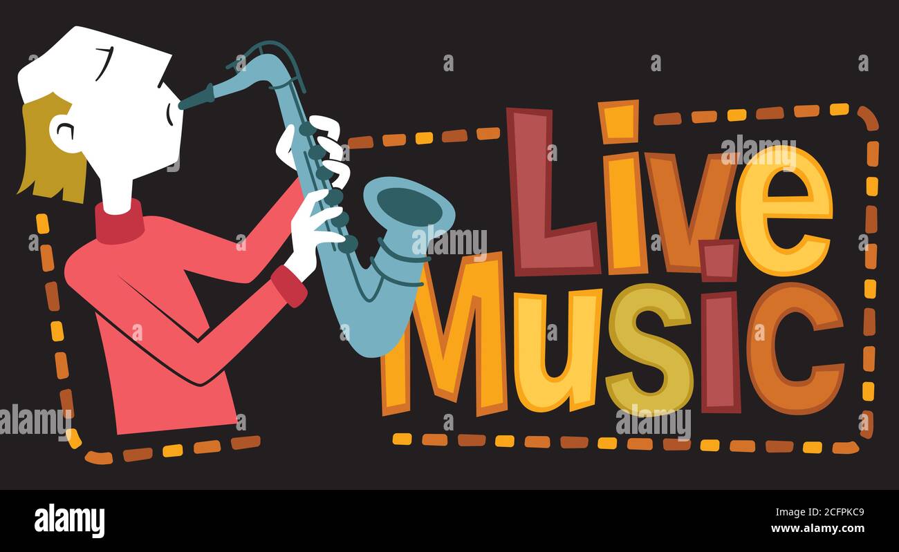 Illustration de style rétro d'un homme jouant le saxophone. À côté, l'expression "Live Music" est écrite. Illustration de Vecteur