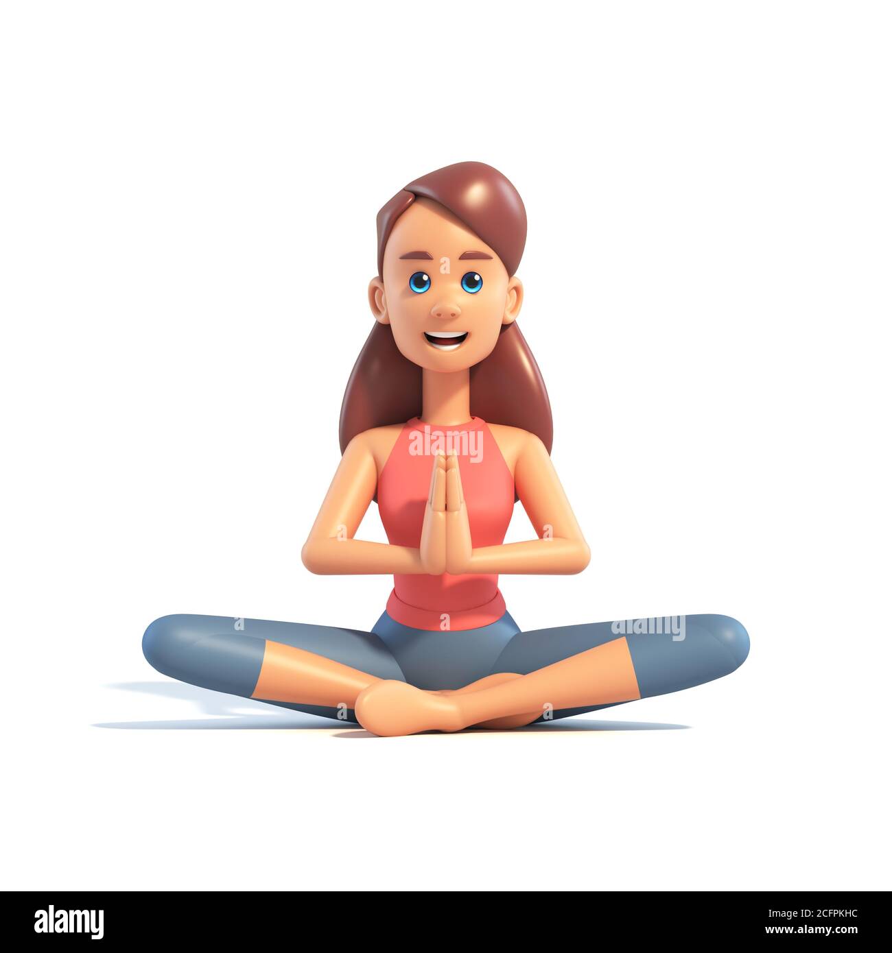 Yoga fille sur fond blanc, caricature femme 3d charcter faire du yoga, illustration 3d Banque D'Images