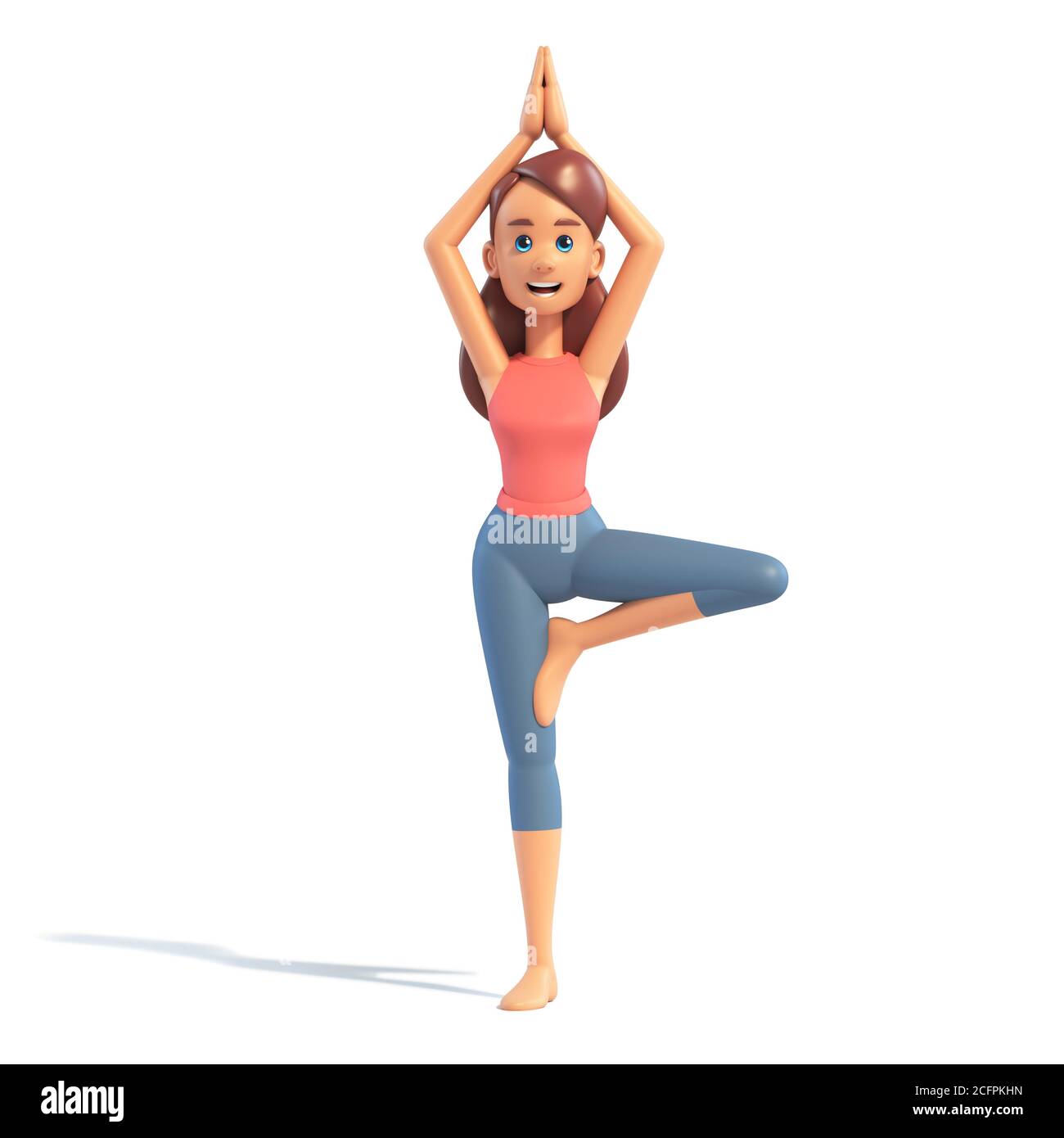 Yoga fille dans la position de l'arbre sur fond blanc, dessin animé femelle 3d charcter faisant du yoga, illustration 3d Banque D'Images