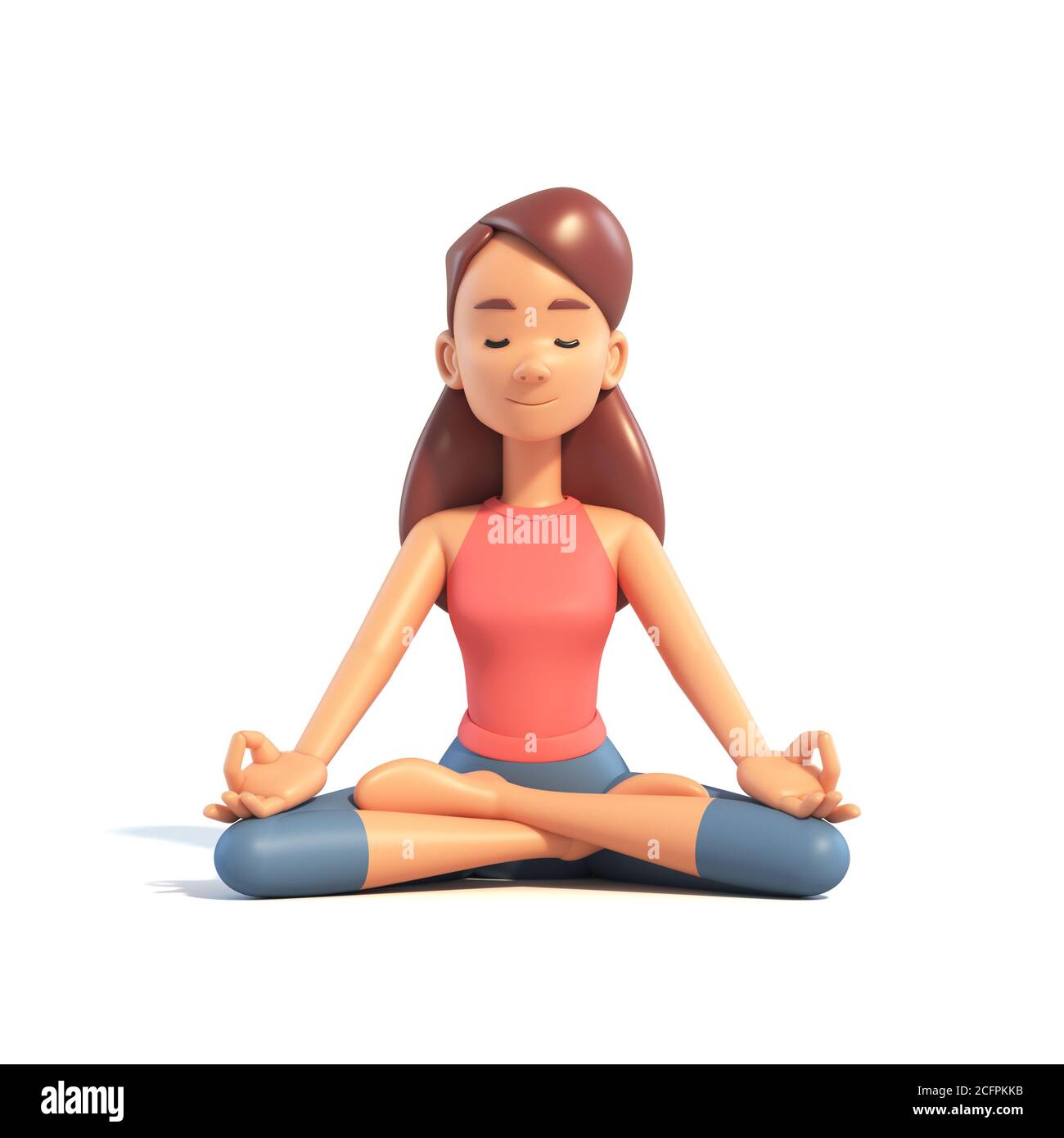 Yoga fille en position lotus sur fond blanc, caricature femelle 3d charcter faisant du yoga, illustration 3d Banque D'Images