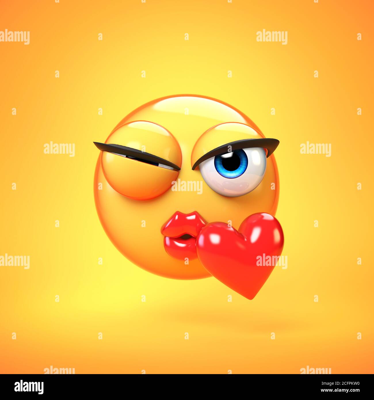 KiSS emoji isolé sur fond jaune, embrassant le visage émoticone rendu 3d Banque D'Images