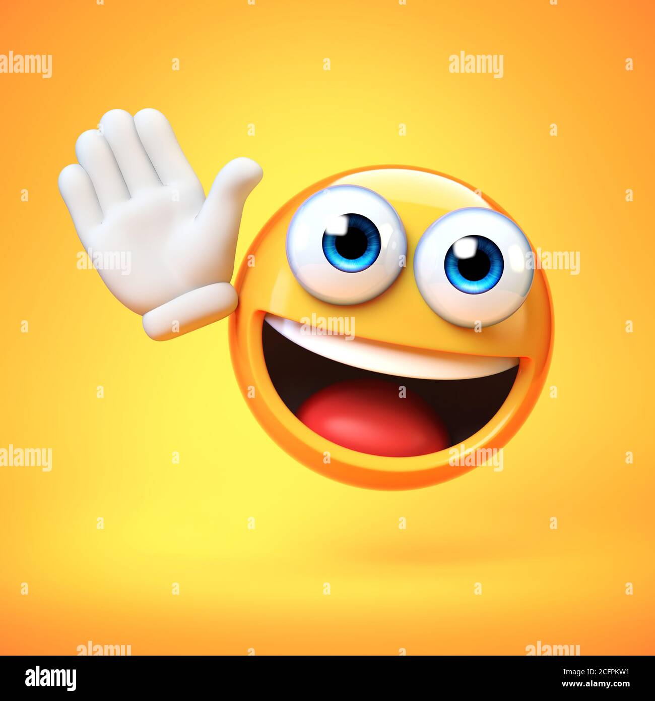 Emoji agitant d'une main isolée sur fond jaune, au revoir émoticône du rendu 3d Banque D'Images