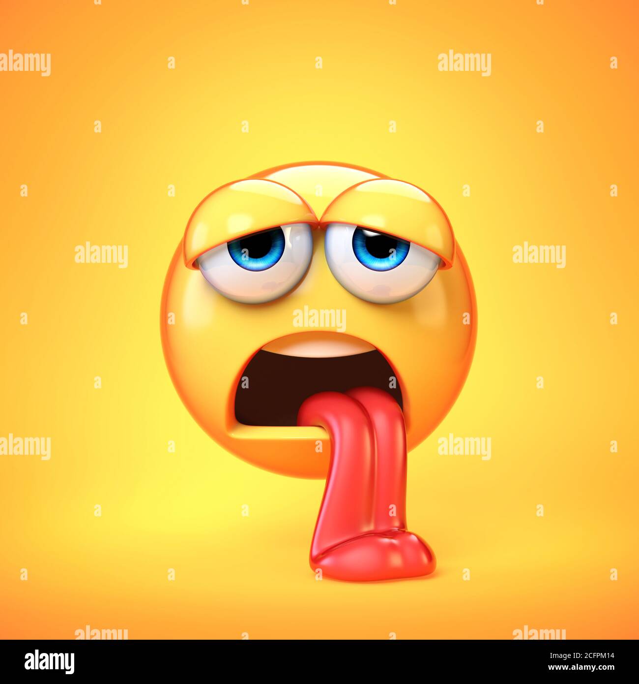 Emoji épuisé isolé sur fond jaune, émoticône fatigué rendu 3d Banque D'Images