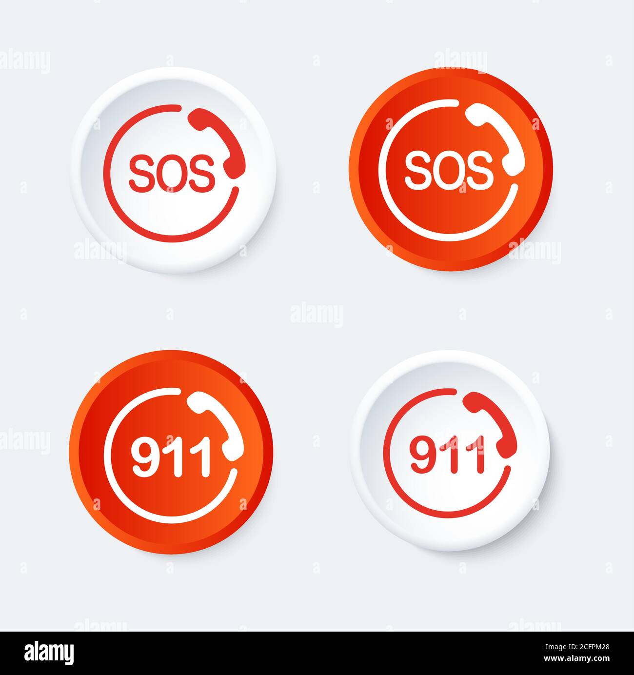 911 et bouton SOS. Symbole de téléphone d'urgence. Icônes rondes. Illustration de Vecteur