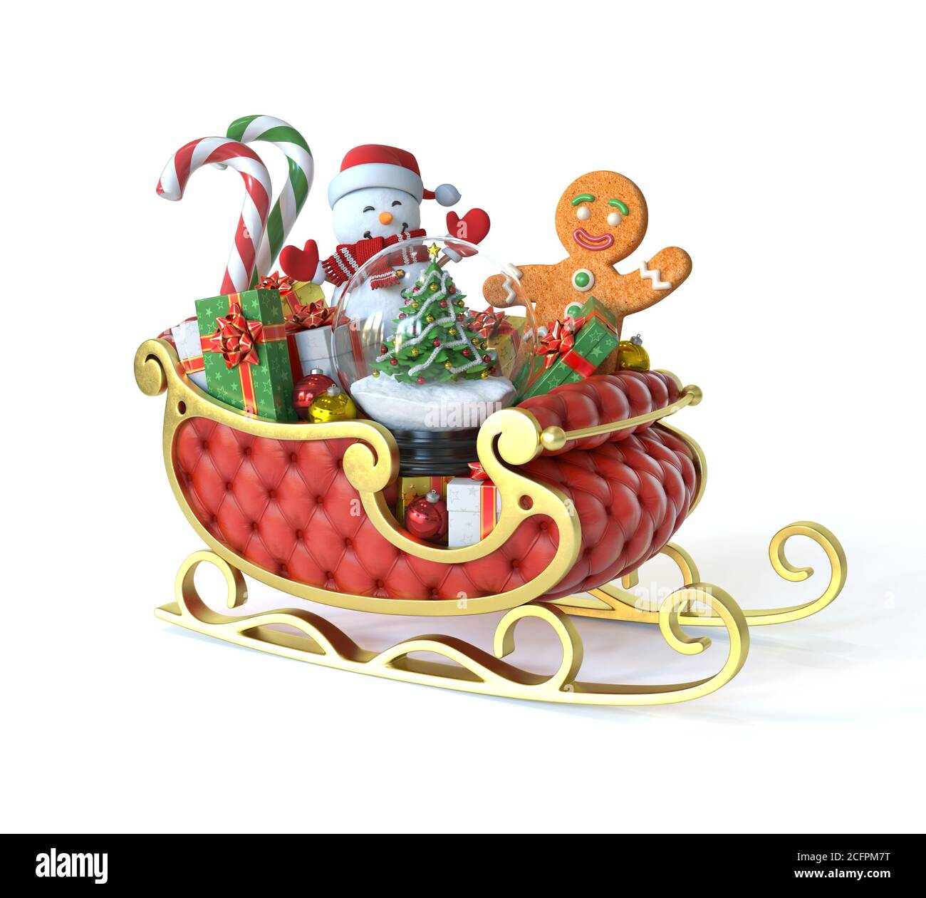 Traîneau du Père Noël rempli de cadeaux et de symboles de noël et rendu 3d des objets Banque D'Images
