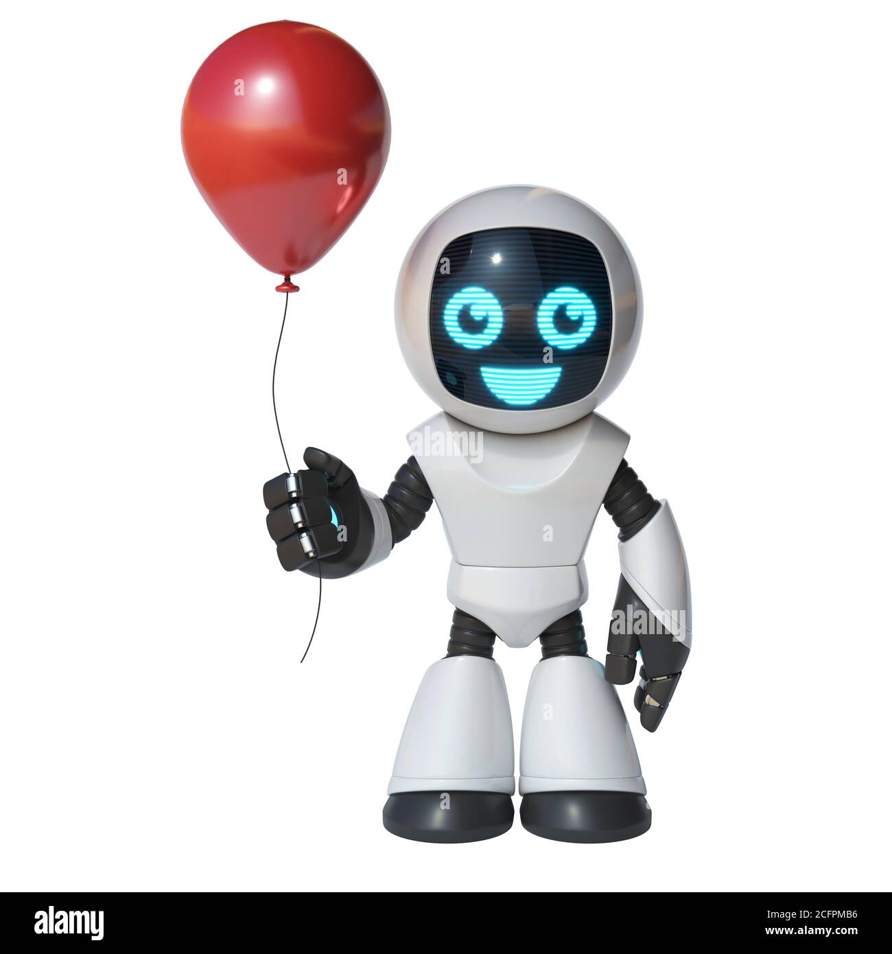 Petit robot tenant un ballon rouge, rendu 3d Banque D'Images