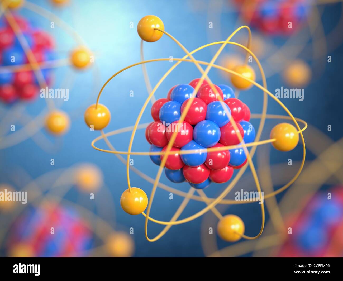 Rendu 3d des atomes, neutrons des protons et électrons Banque D'Images