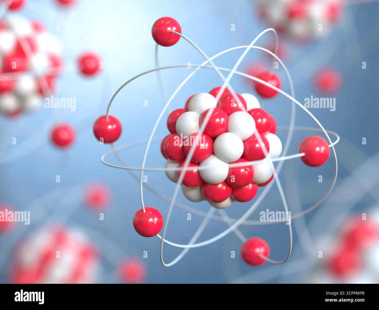 Rendu 3d des atomes, neutrons des protons et électrons Banque D'Images