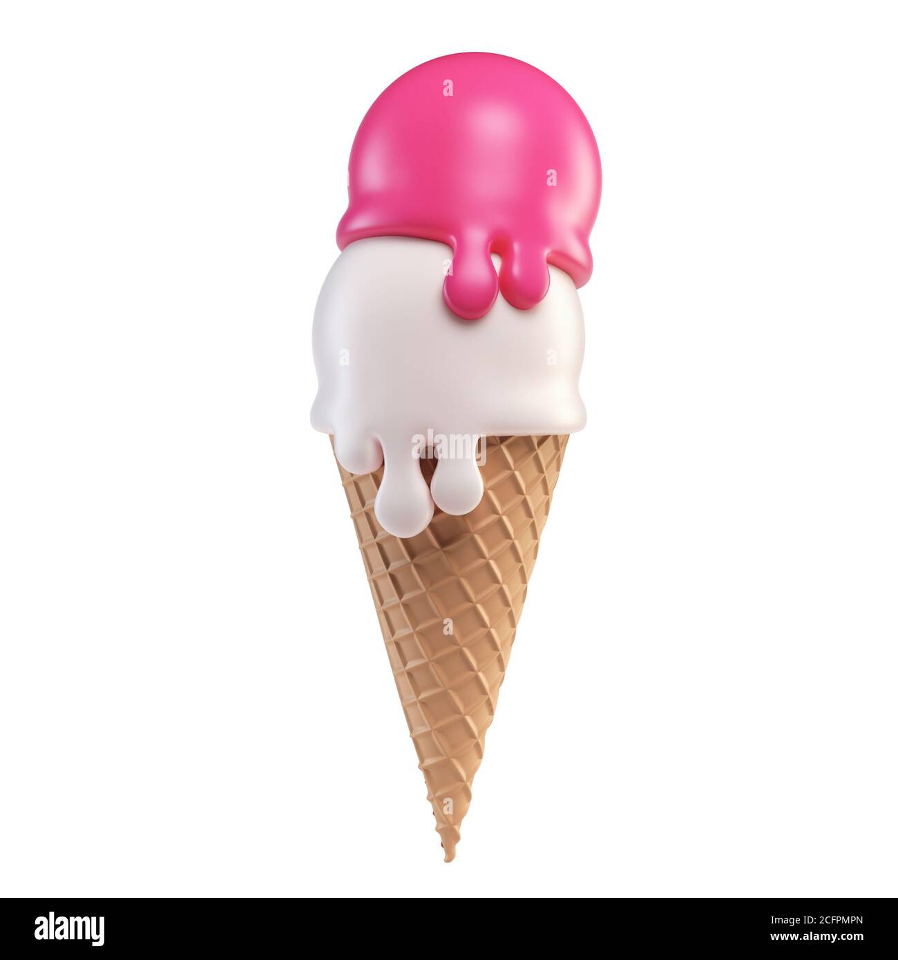 Cuillère à crème glacée à la fraise et à la vanille avec cône sur fond blanc, rendu 3d Banque D'Images