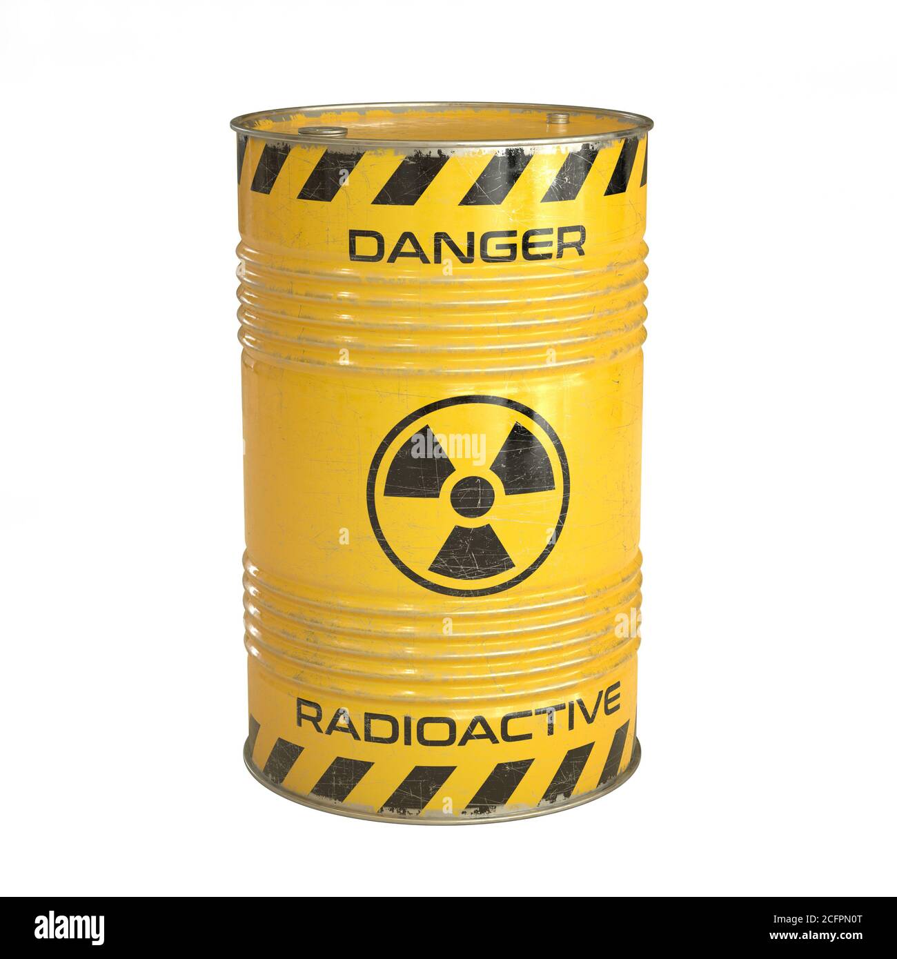 Cylindre jaune de déchets radioactifs avec rendu 3d de symbole radioactif Banque D'Images