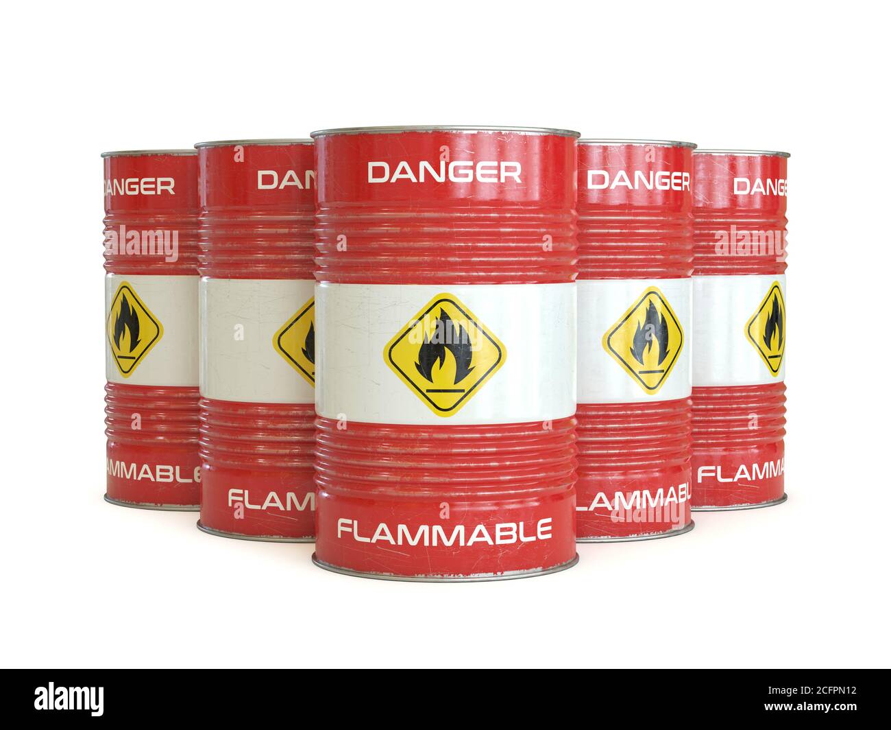 Fûts rouges de substances inflammables avec rendu 3d symbole inflammable Banque D'Images