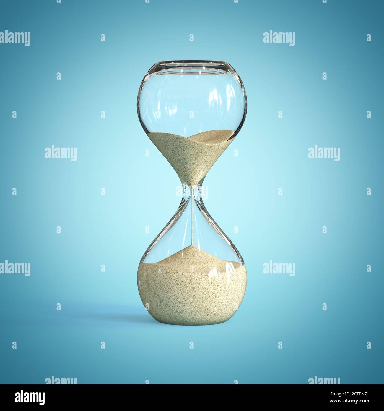 HourGlass sur fond bleu, rendu 3d en verre de sable Banque D'Images