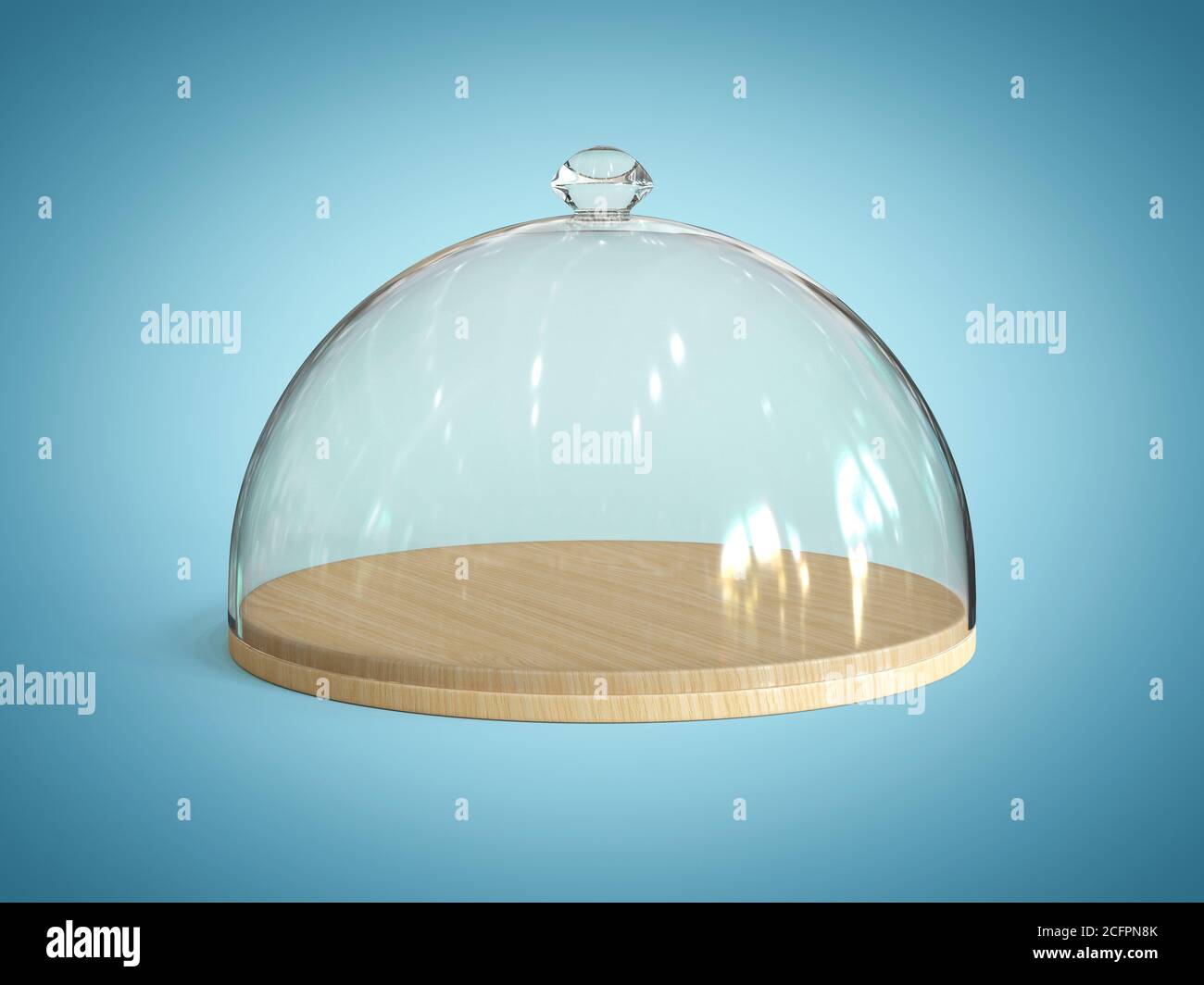 Dôme en verre sur la plaque en bois sur fond bleu, rendu 3d Banque D'Images