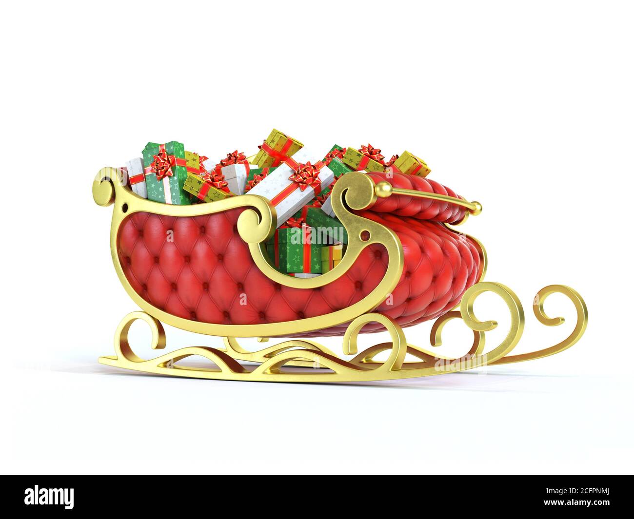 Traîneau du Père Noël rempli de boîtes cadeaux - rouge et traîneau doré avec cadeaux Banque D'Images