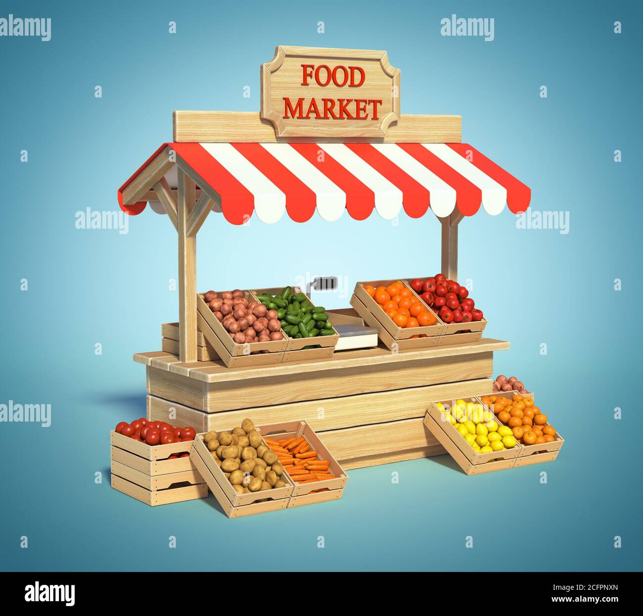 Kiosque du marché alimentaire, boutique des agriculteurs, salon de la nourriture agricole, présentoir de fruits et légumes en 3d Banque D'Images