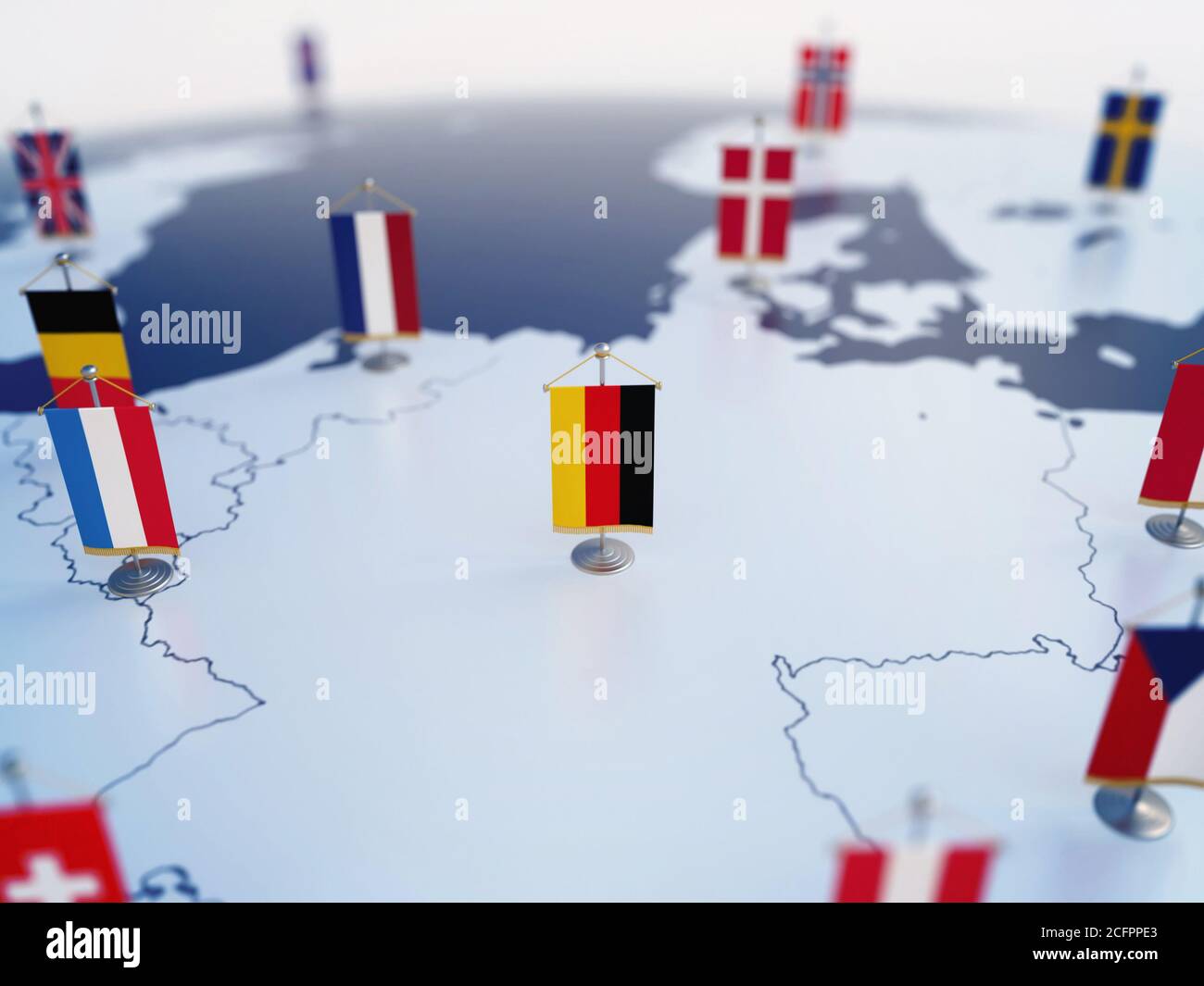 Drapeau de l'Allemagne en vue parmi d'autres pays européens drapeaux. L'Europe est marquée par des indicateurs de table rendu 3d Banque D'Images