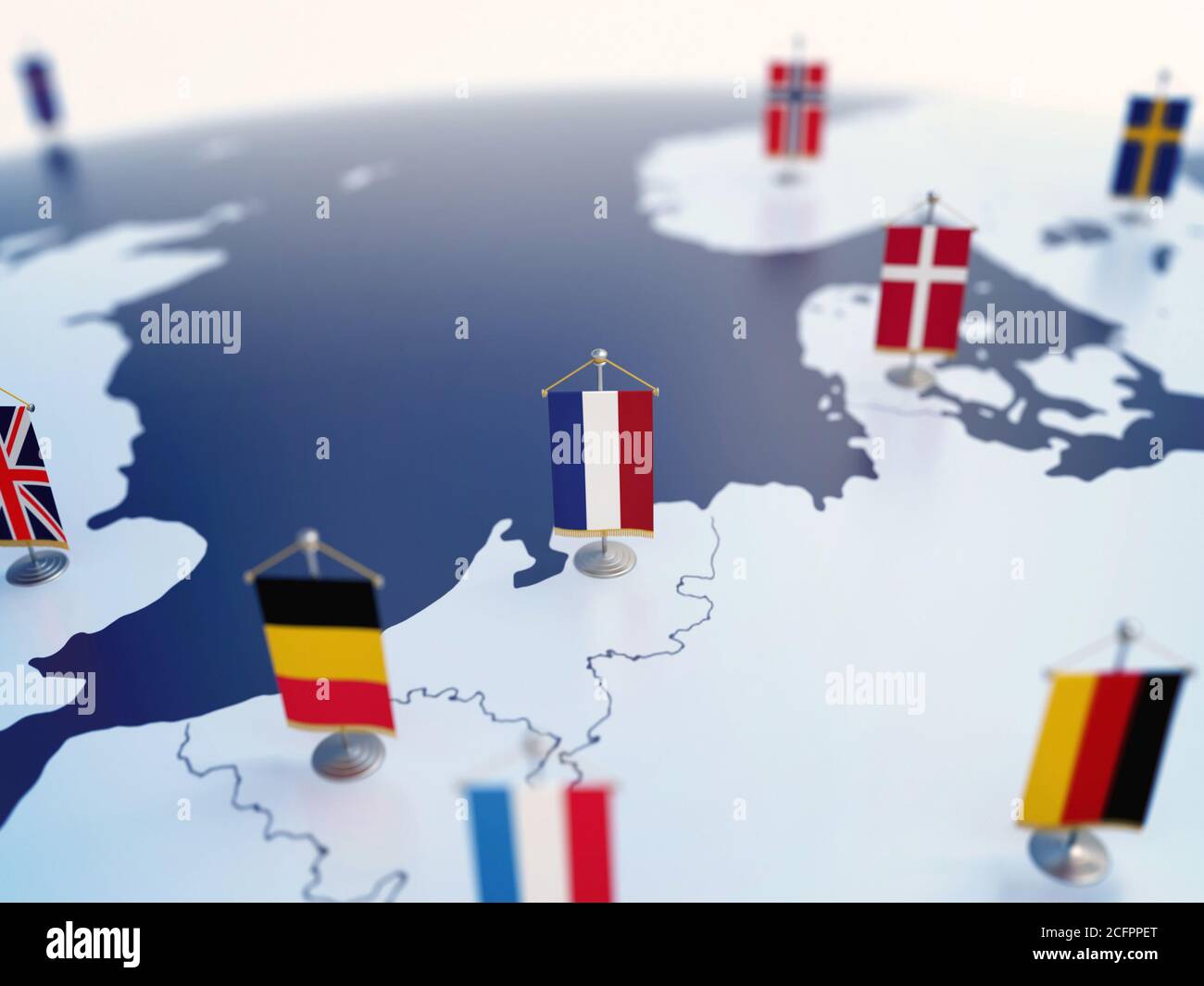Drapeau des pays-Bas en vue parmi d'autres pays européens drapeaux. L'Europe est marquée par des indicateurs de table rendu 3d Banque D'Images