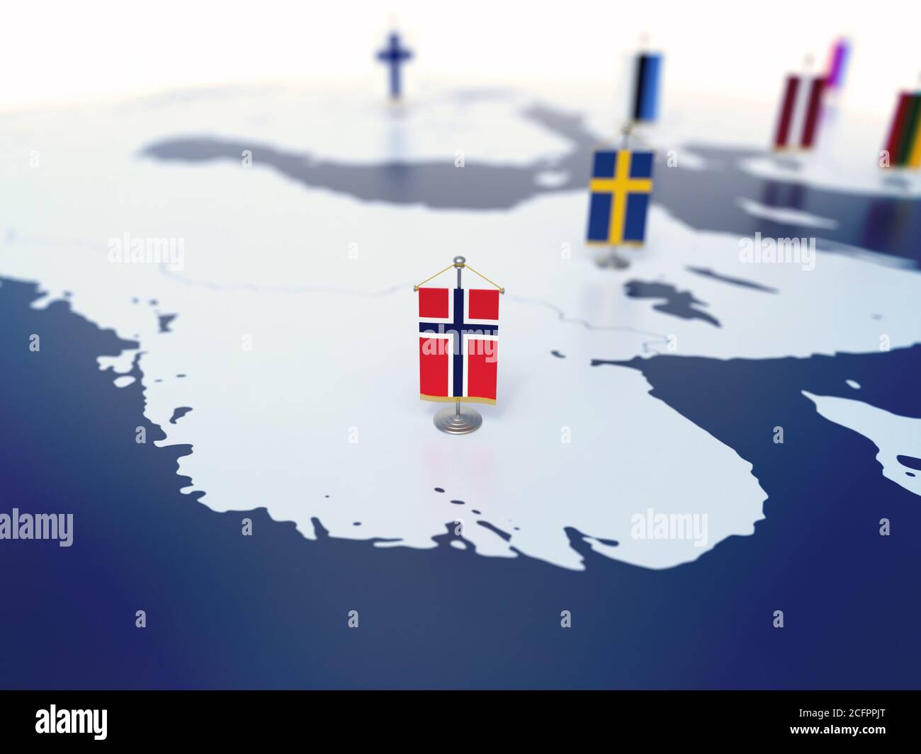 Drapeau de la Norvège en vue parmi d'autres pays européens drapeaux. L'Europe est marquée par des indicateurs de table rendu 3d Banque D'Images