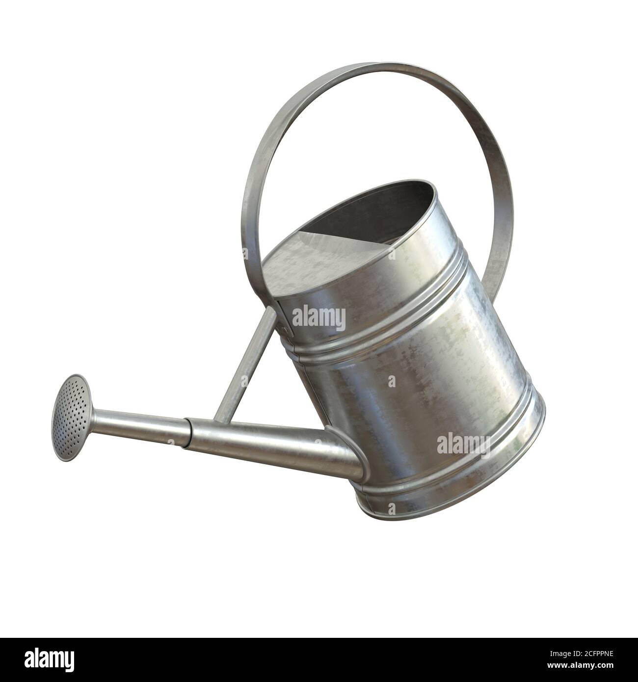 Arrosoir, outil de jardinage en aluminium brillant isolé sur fond blanc rendu 3d Banque D'Images