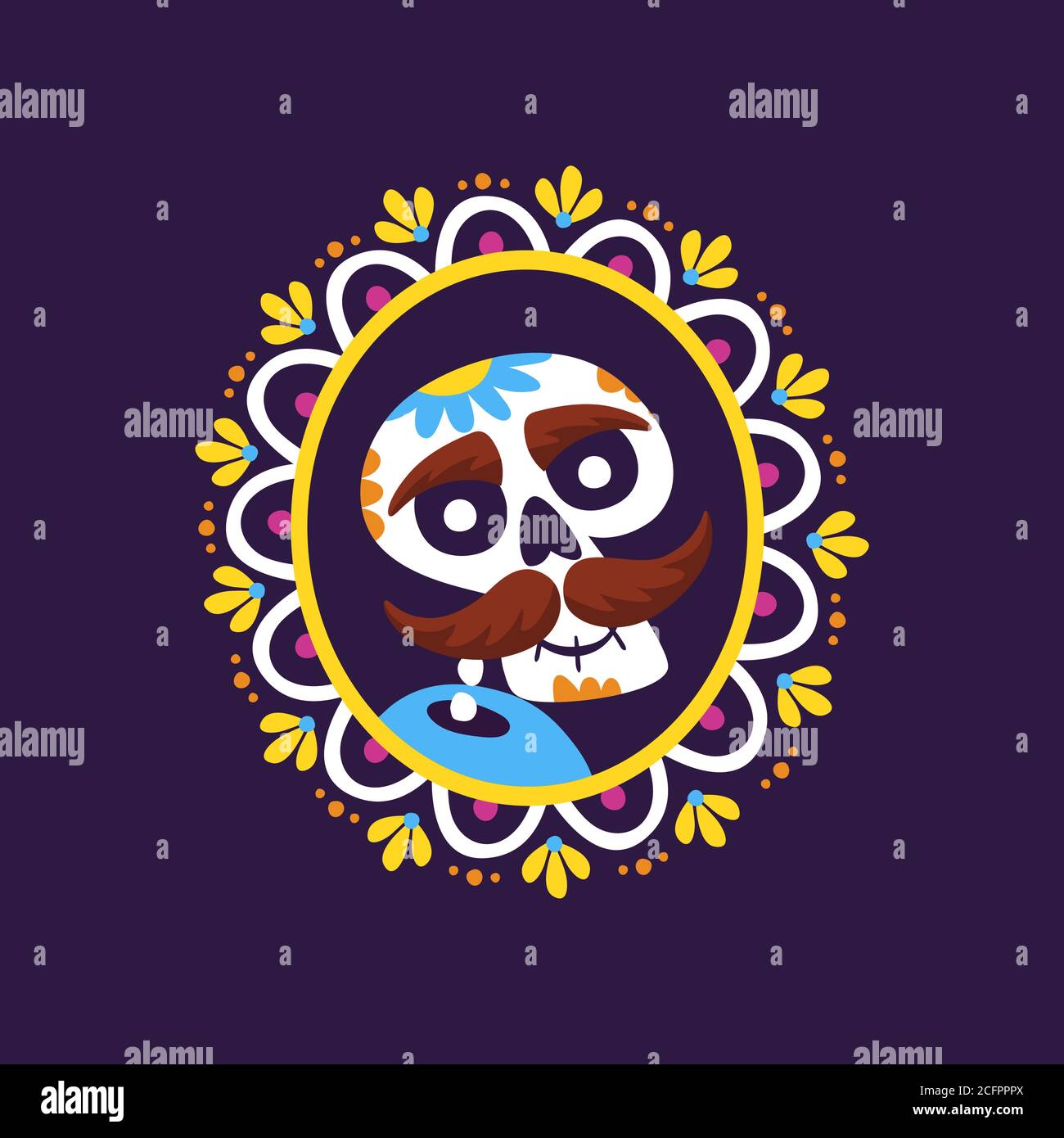 Étiquette du jour des morts (Día de Muertos). Caricature du portrait mexicain du crâne dans un cadre décoratif. Illustration de vecteur mignon. Illustration de Vecteur