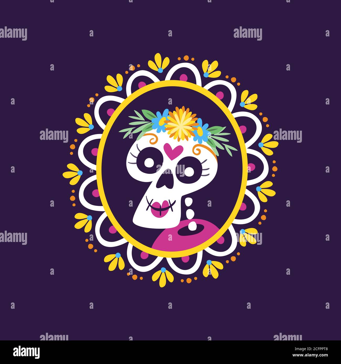 Étiquette du jour des morts (Día de Muertos). Réaliser un portrait de crâne féminin mexicain dans un cadre décoratif. Illustration de vecteur mignon. Illustration de Vecteur