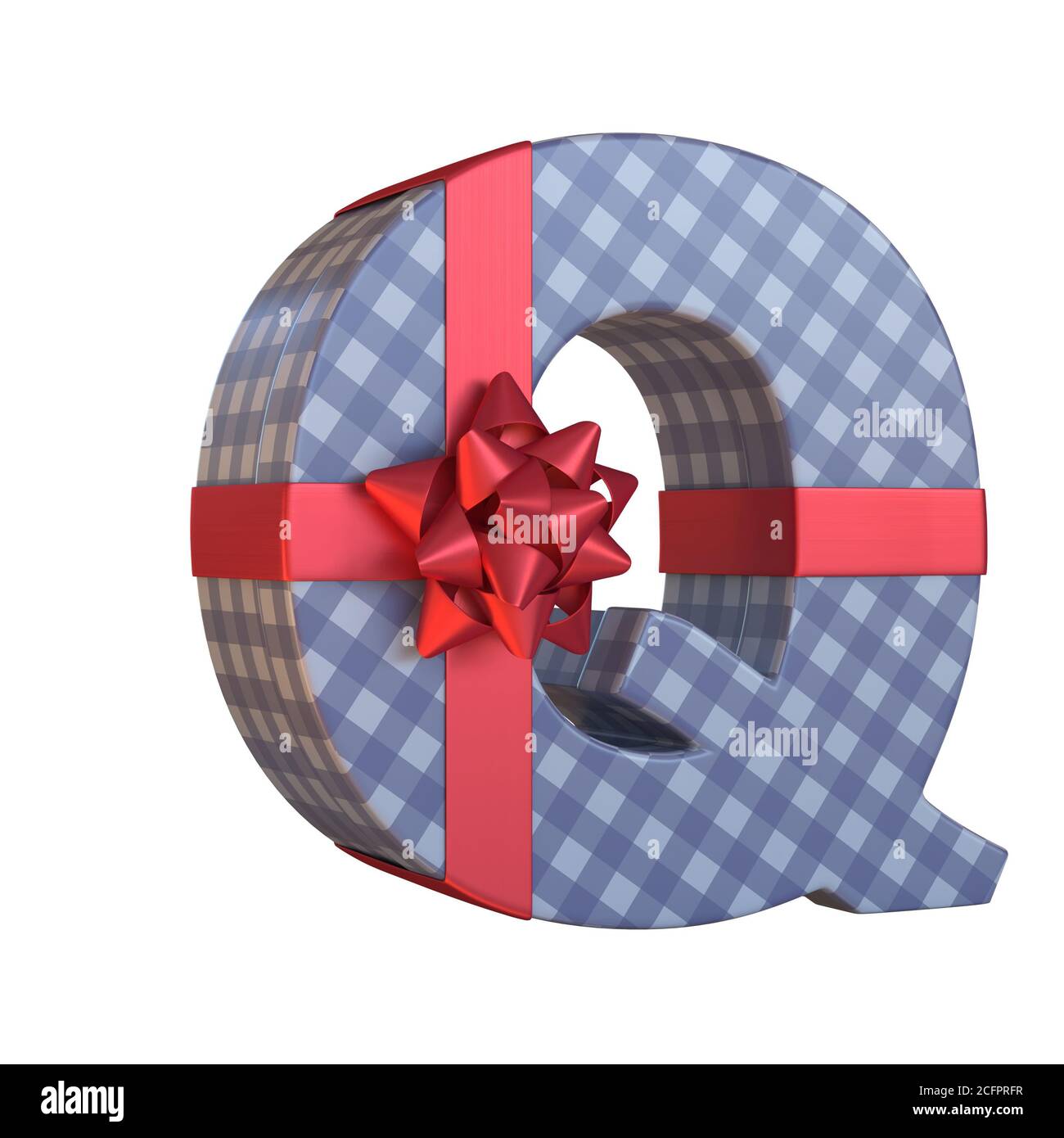Boîte cadeau avec ruban rouge noeud 3d police, présente alphabet 3d rendu, lettre Q Banque D'Images