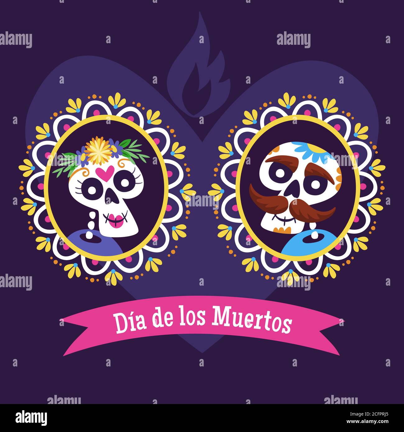 Jour des morts - Dia de los Muertos Label. Dessin animé crâne mexicain couple portrait dans un cadre décoratif. Illustration de vecteur mignon. Illustration de Vecteur