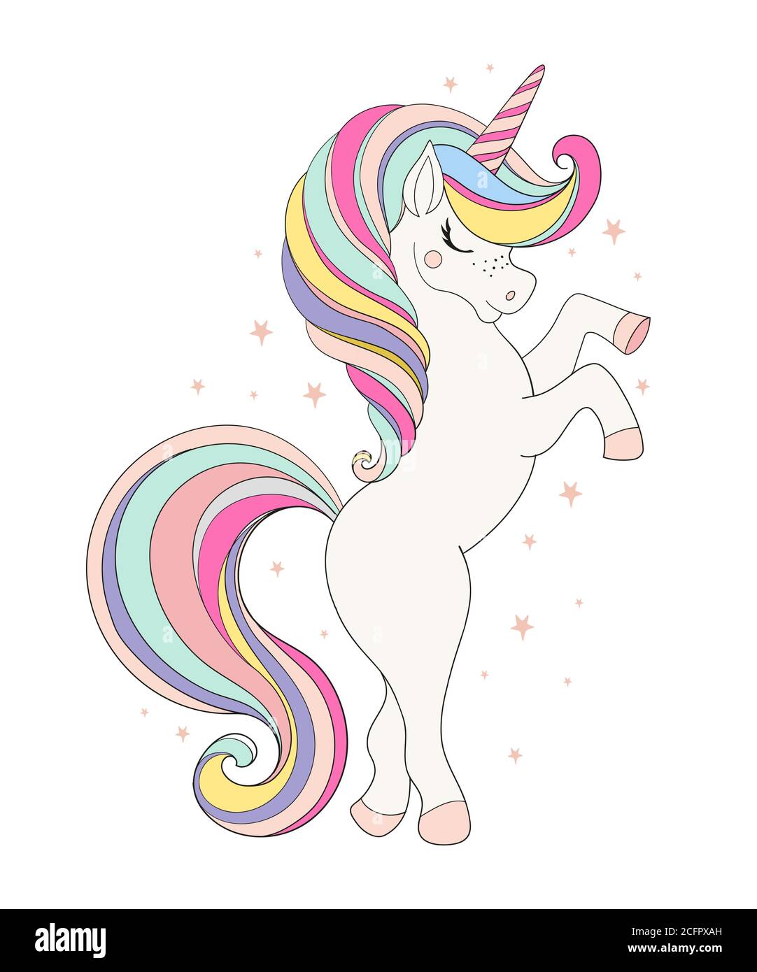 Illustration vectorielle avec Cute unicorn isolée sur fond blanc. Dessin animé plat pour anniversaire, invitation, carte de voeux, imprimé pépinière, douche de bébé. Fabuleux animal magique Illustration de Vecteur