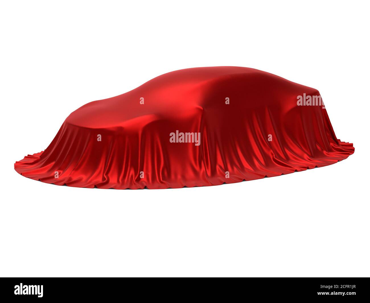 Présentation de la nouvelle voiture, présentation du modèle, caché sous une couverture rouge, isolé sur fond blanc, rendu 3d Banque D'Images