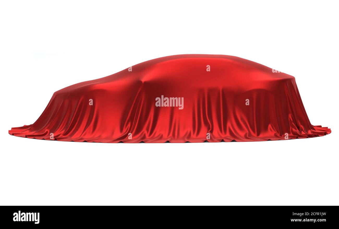 Présentation de la nouvelle voiture, présentation du modèle, caché sous une couverture rouge, isolé sur fond blanc, rendu 3d Banque D'Images