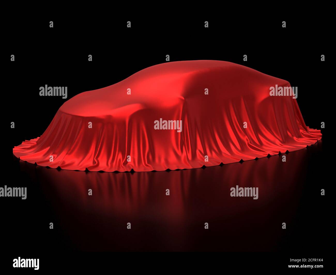 Présentation de la nouvelle voiture, présentation du modèle, caché sous une couverture rouge, isolé sur fond noir, rendu 3d Banque D'Images
