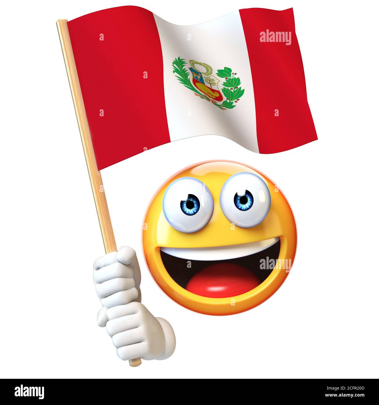 Emoji tenant le drapeau péruvien, émoticone agitant le drapeau national du Pérou rendu 3d Banque D'Images