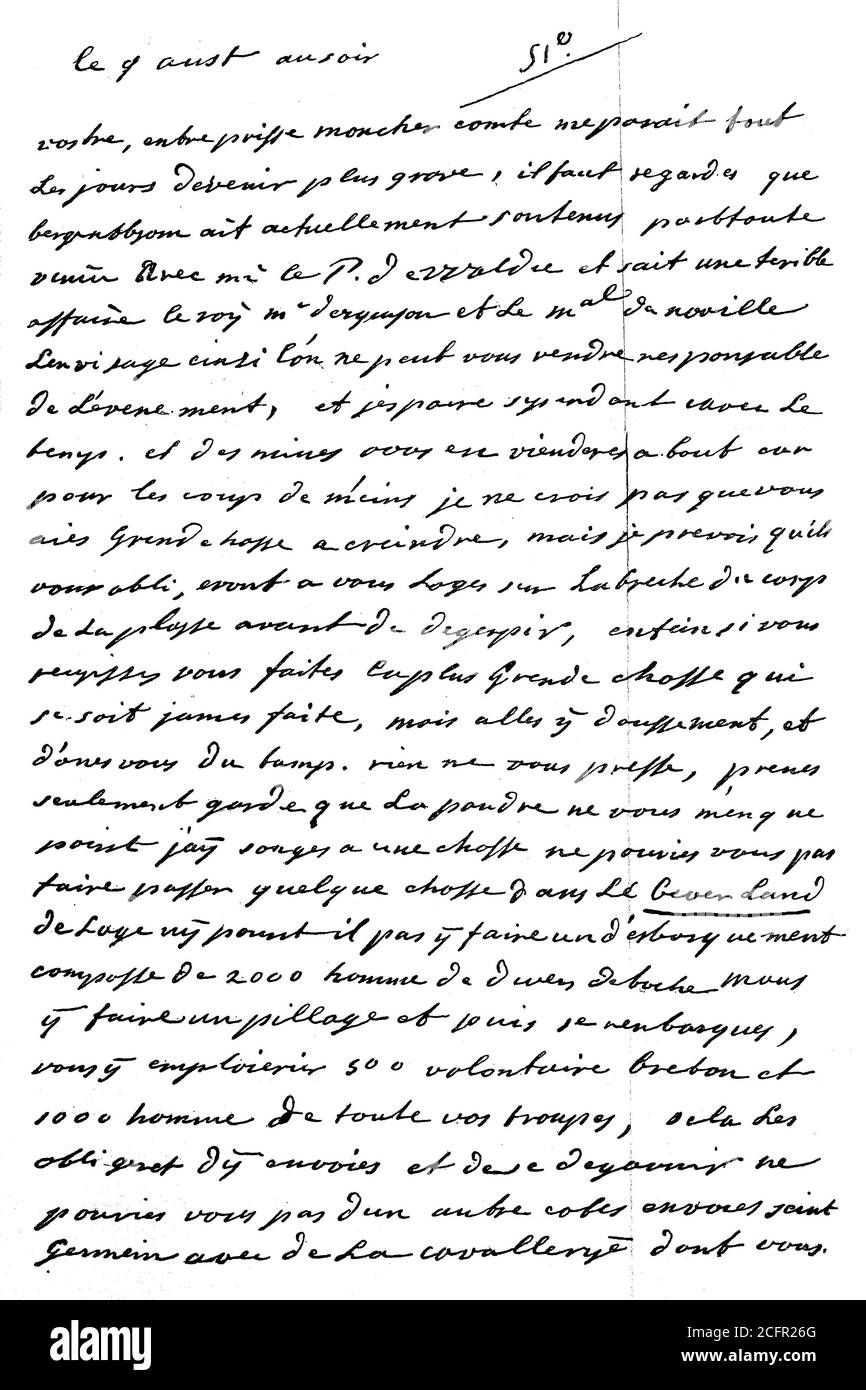 Lettre du Comte Maréchal Maurice de Saxe, Hermann Saxe, Maréchal Saxe, 28 octobre 1696 - 30 novembre 1750, au Comte Ulrich Friedrich Woldemar Freiherr de Löwendal 1er avril 1700 - 27 mai 1755, commandant militaire allemand et Maréchal de France, Page 1 / Brief des Marschall Graf Moritz von Sachsen, Hermann Moritz Graf von Sachsen, Marschall von Sachsen, 28. Oktober 1696 - 30. Novembre 1750, an den Ulrich Friedrich Woldemar Freiherr Graf von Löwendal, 1. Du 1700 au 27 avril. AM 1755 , deutscher Feldherr, und Marschall von Frankreich, Seite 1, Historisch, historique, digital reproved rep Banque D'Images