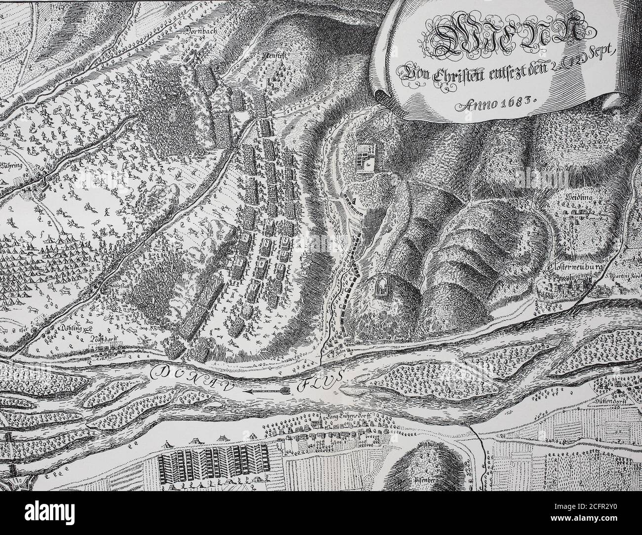 Le secours de Vienne en 1683, la bataille de Vienne le 12 septembre 1683 a mis fin au second siège de Vienne / Die Entsatzschlacht vor Wien 1683, Die Schlacht am Kahlenberg am 12. Septembre 1683 beendete die Zweite Wiener Türkenbelagerung, Historisch, historique, numérique reproduction améliorée d'un original du 19ème siècle / digitale Reproduktion einer Originalvorlage aus dem 19. Jahrhundert, Banque D'Images