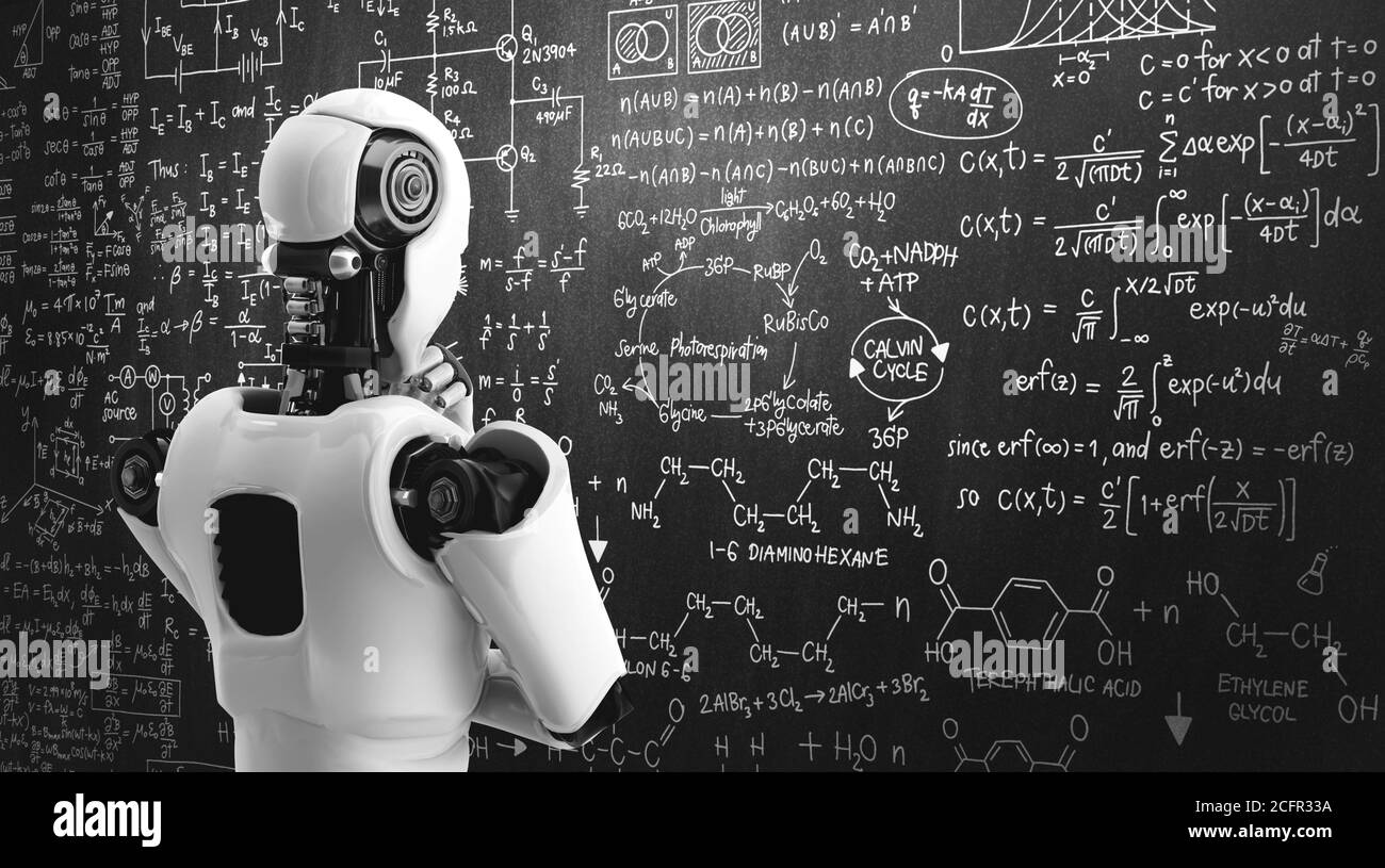 Penser ai humanoid robot analyse écran de la formule mathématique et science Banque D'Images