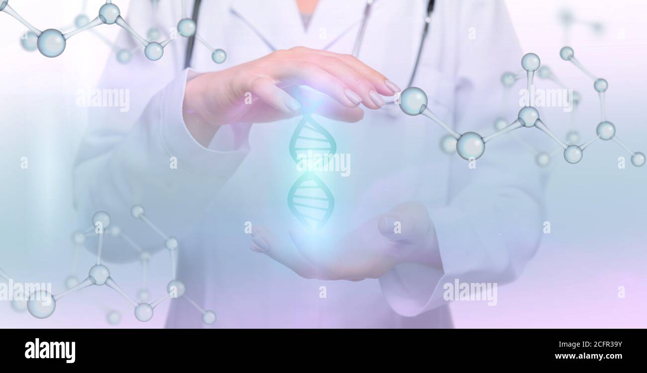 L'hologramme des chaînes d'ADN circule entre les mains de la jeune femme médecin Banque D'Images
