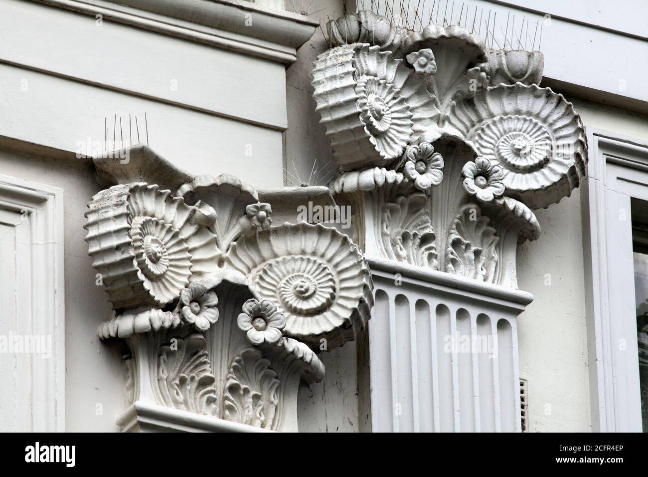 Capitales d'Ammonite sur les maisons voisines, par l'architecte Amon Henry Wilds, Montpelier Road, Brighton. Banque D'Images