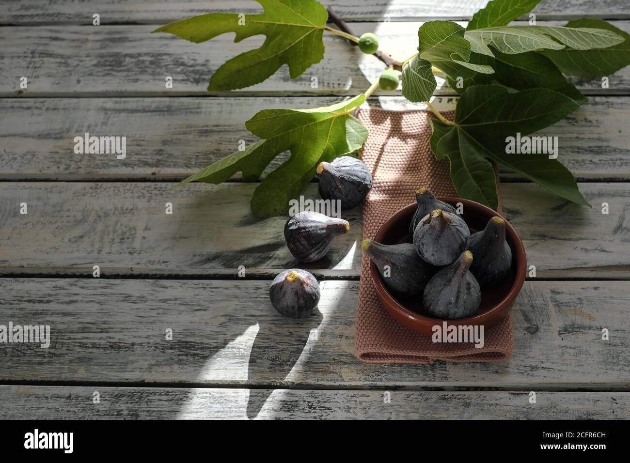 Bol en céramique rempli de figues mûres, magnifiquement arrangé sur une table en bois chic et blanche avec branche de figues, plat Banque D'Images