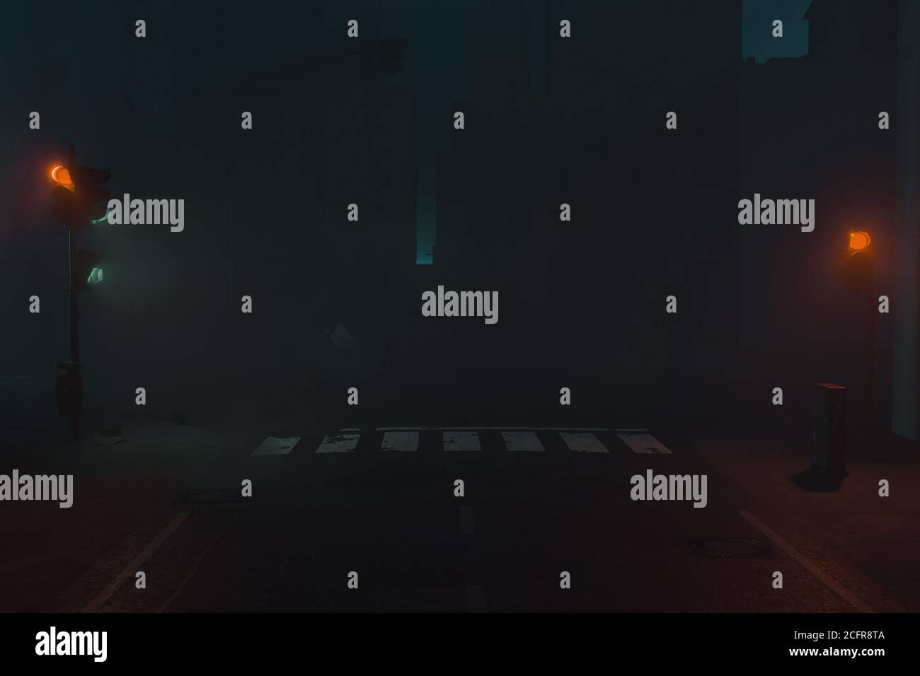 rendu 3d des scènes brumeuses urbaines avec feux de circulation éclairés et passage piéton Banque D'Images