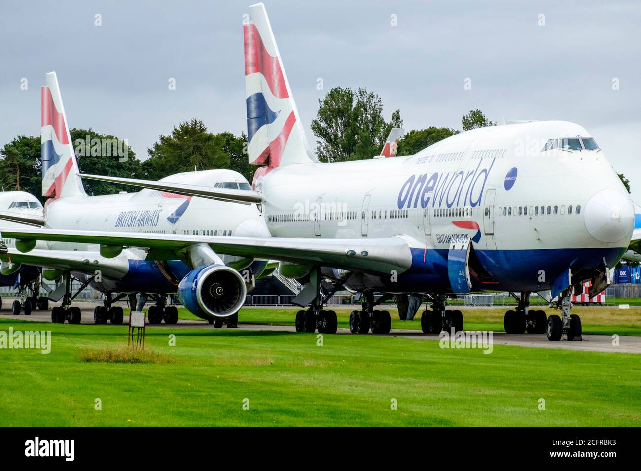 Ex British Airways Boeing 747-400 à l'aéroport de Cotswold. Les moteurs hors-bord ont été déposés. Banque D'Images
