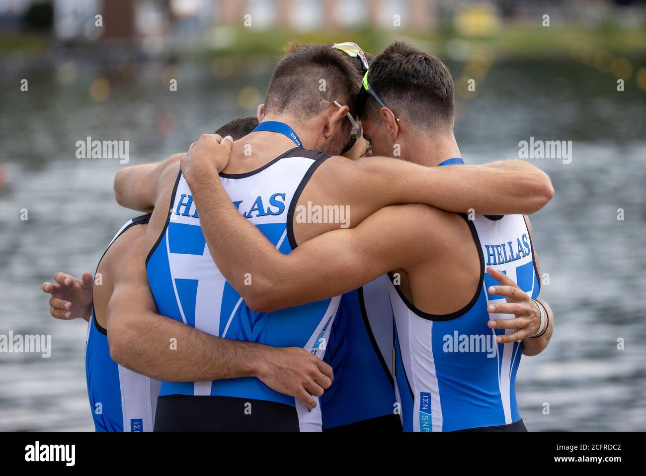 Duisburg, Allemagne. 06e septembre 2020. Allemagne, Duisburg, Regattabahn, 06.09.2020, empor, emonline, mépror, deonline, 2020 European Rowing under 23 Championships image: From Left Men's four, Greece with Bronze pour usage éditorial seulement. | utilisation dans le monde crédit: dpa/Alay Live News Banque D'Images