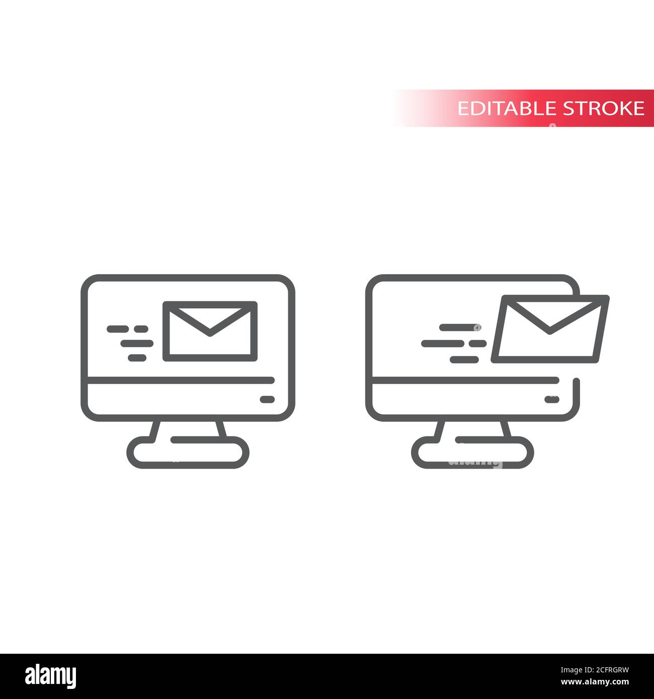 E-mail sur l'écran de l'ordinateur icône en forme de ligne fine. Mail, enveloppe et moniteur, symbole d'e-mail. Contour, contour modifiable. Illustration de Vecteur