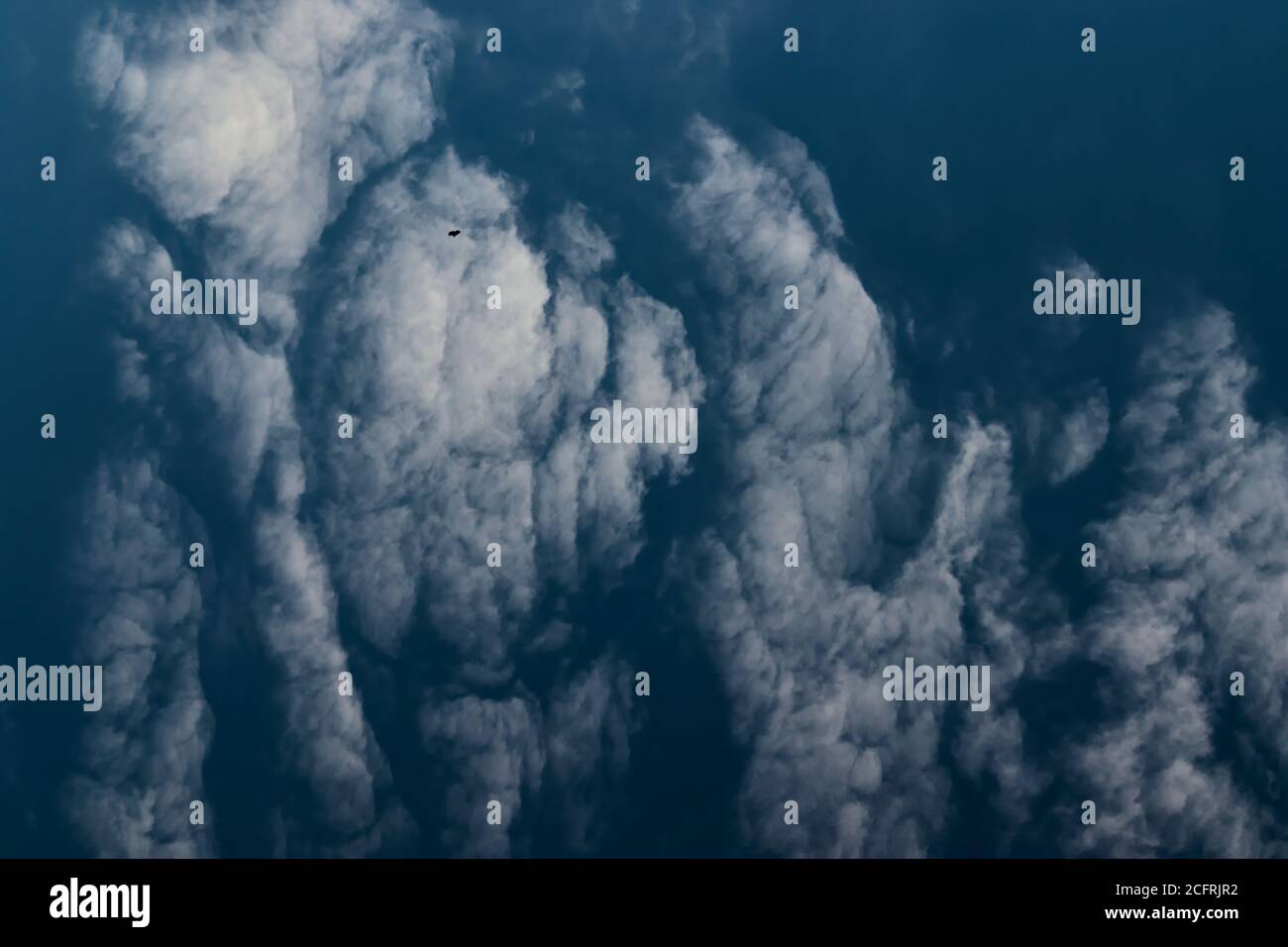 tufts blancs de nuages flottant sous un ciel bleu couvert de nuages cirrus minces. Banque D'Images