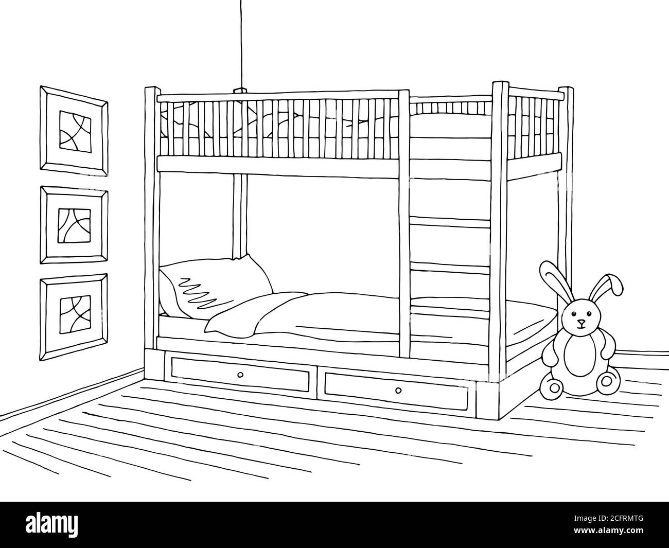 Illustration vectorielle d'esquisse intérieure noire blanche dans la chambre des enfants Illustration de Vecteur